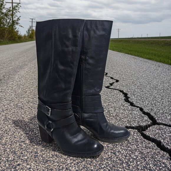 Naya Gazelle Leather Boots Black Block Heel Mid Calf 7.5 Women's Bikercore - Picture 1 of 13